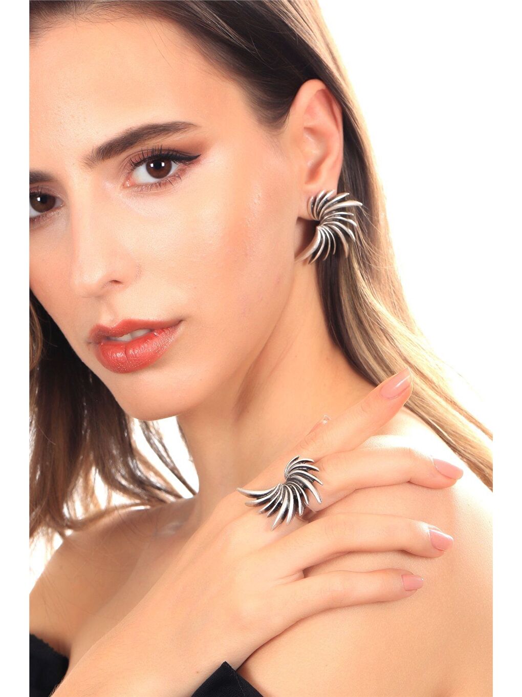 Gri Kadın Antik Gümüş Kaplama Ayarlanabilir Sırça Yüzük & Çivili Model Küpe Seti-2