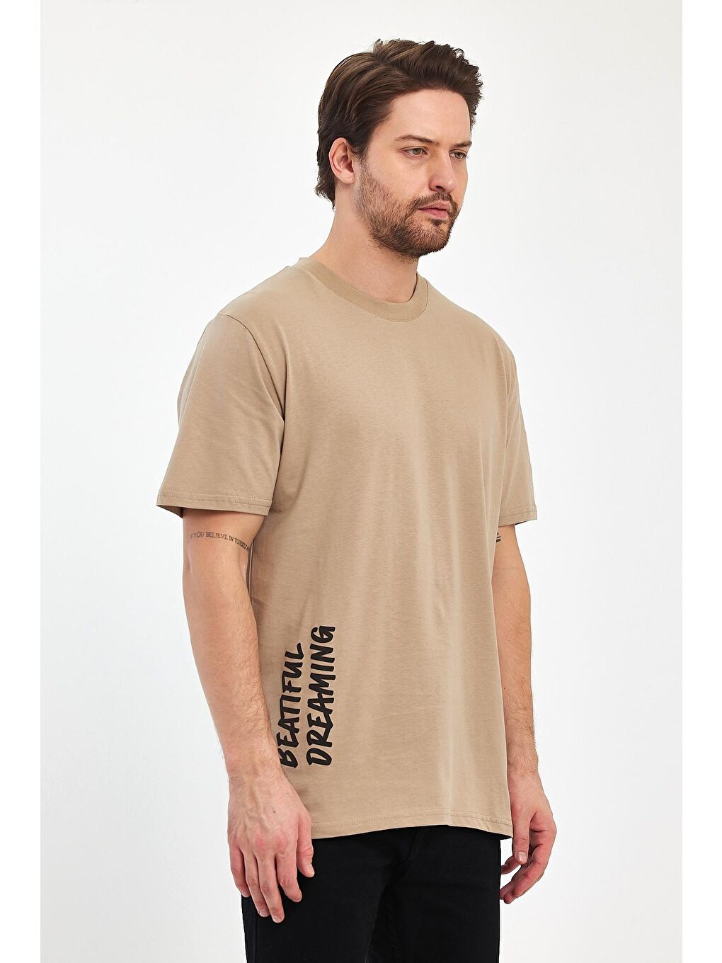 Bej Arkası Baskılı Bisiklet Yaka Erkek Tişört 2750-1