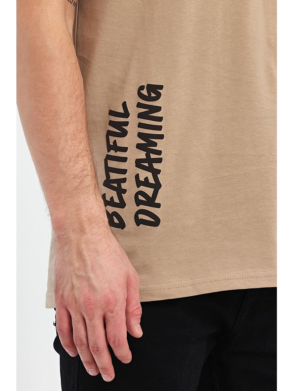 Bej Arkası Baskılı Bisiklet Yaka Erkek Tişört 2750-2