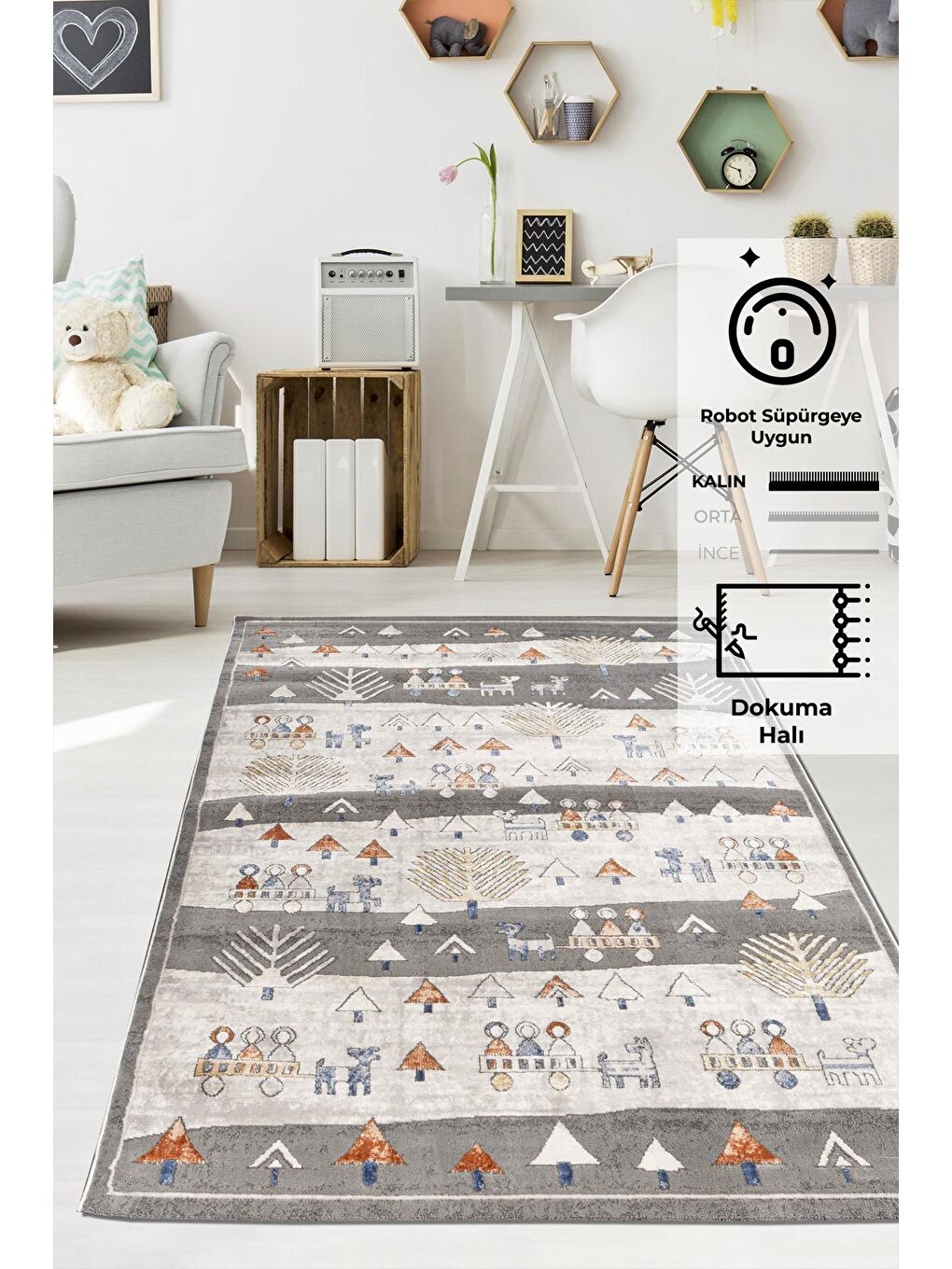 Gri Konfor Motto Kids 4583 Modern Dokuma Çocuk Halısı-80x150