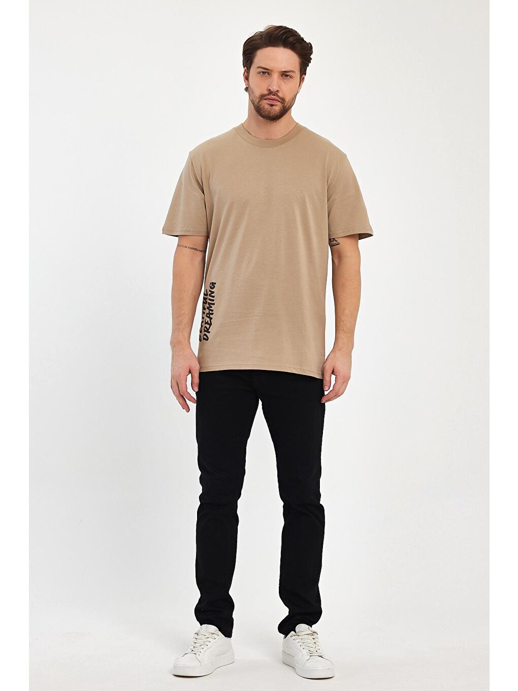 Bej Arkası Baskılı Bisiklet Yaka Erkek Tişört 2750-4