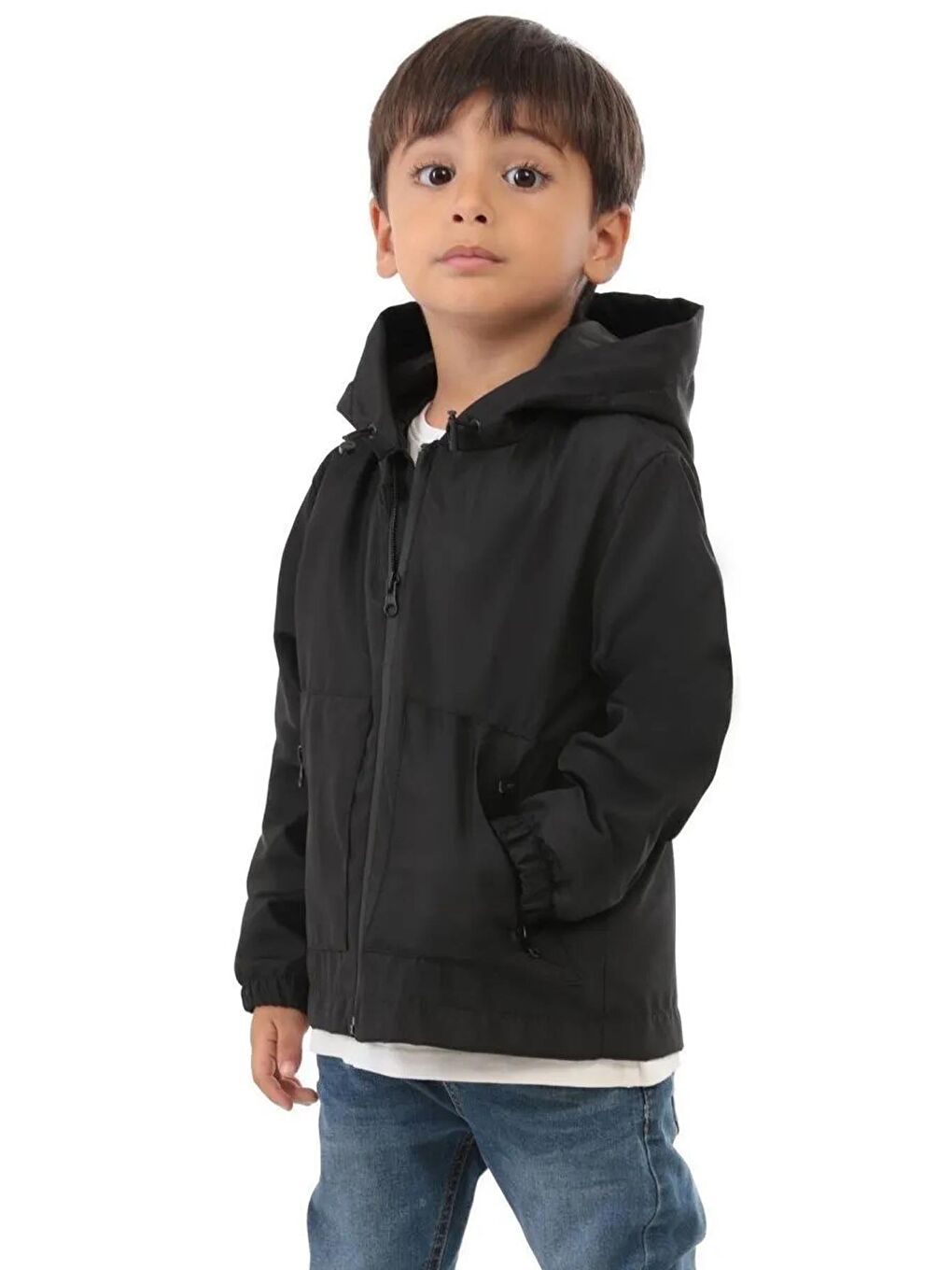 Siyah Erkek Çocuk Astarlı Su Ve Rüzgar Geçirmez Kapüşonlu Çift Fermuarlı Yağmurluk