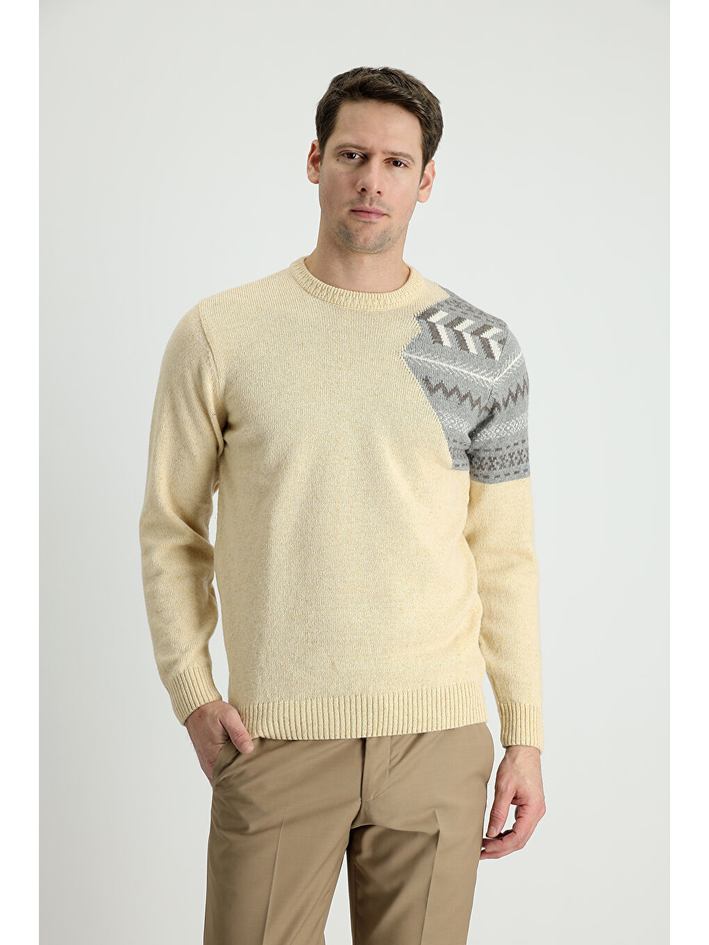 Bej Bisiklet Yaka Desenli Yünlü Slim Fit Dar Kesim Triko Kazak-1