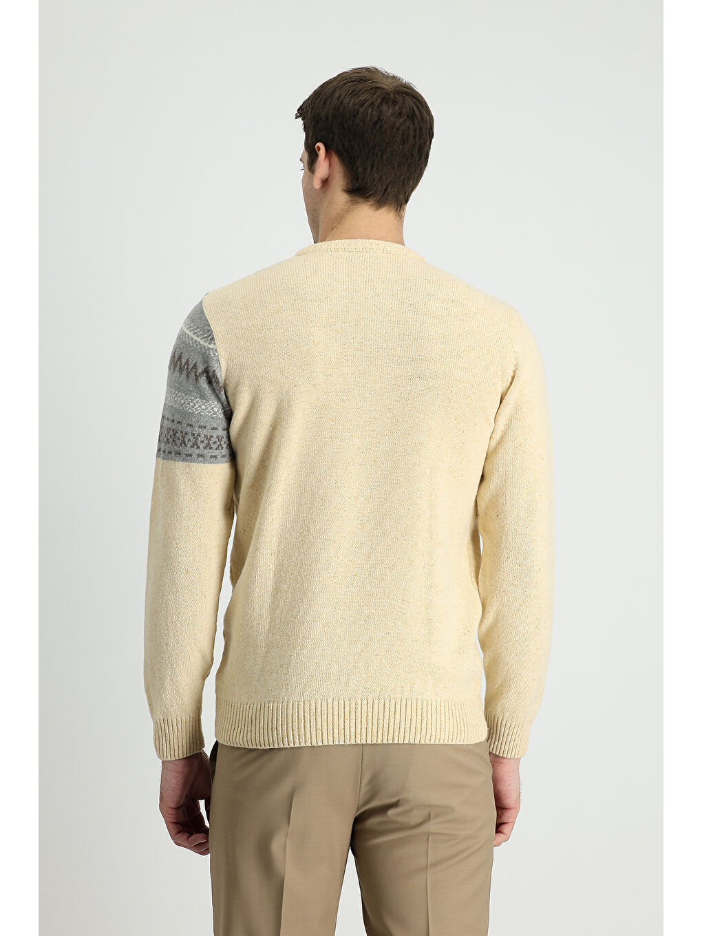 Bej Bisiklet Yaka Desenli Yünlü Slim Fit Dar Kesim Triko Kazak-2