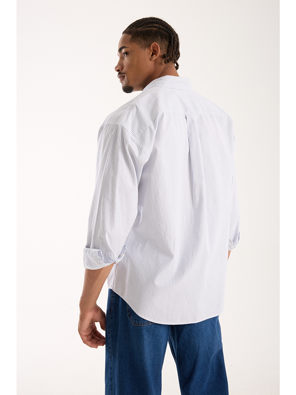 Rio Oxford Pamuklu Oversize Fit Açık Mavi Klasik Yaka Erkek Çizgili Gömlek-4