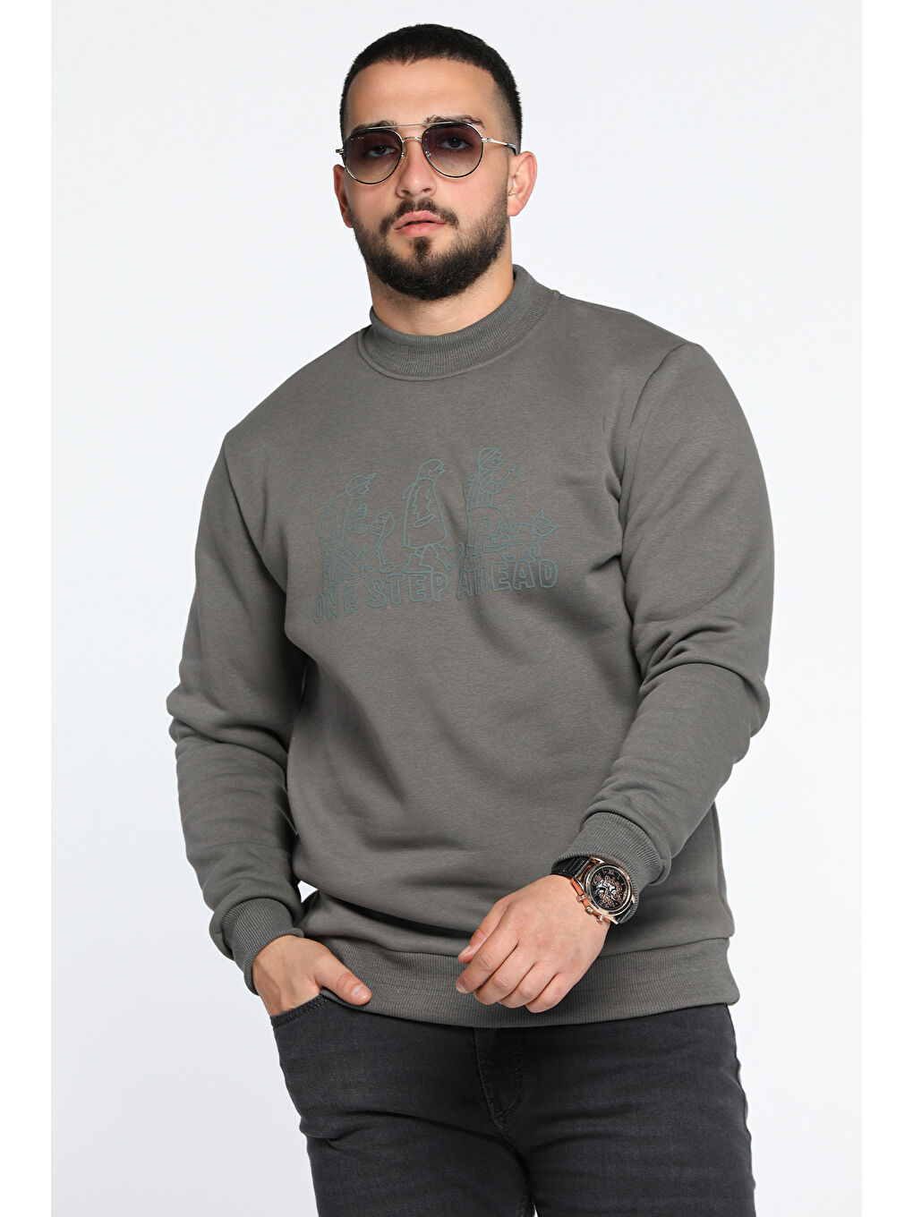 Mishar İtalia Gri Erkek Ön Baskılı Şardonlu Üç İplik Sweatshirt