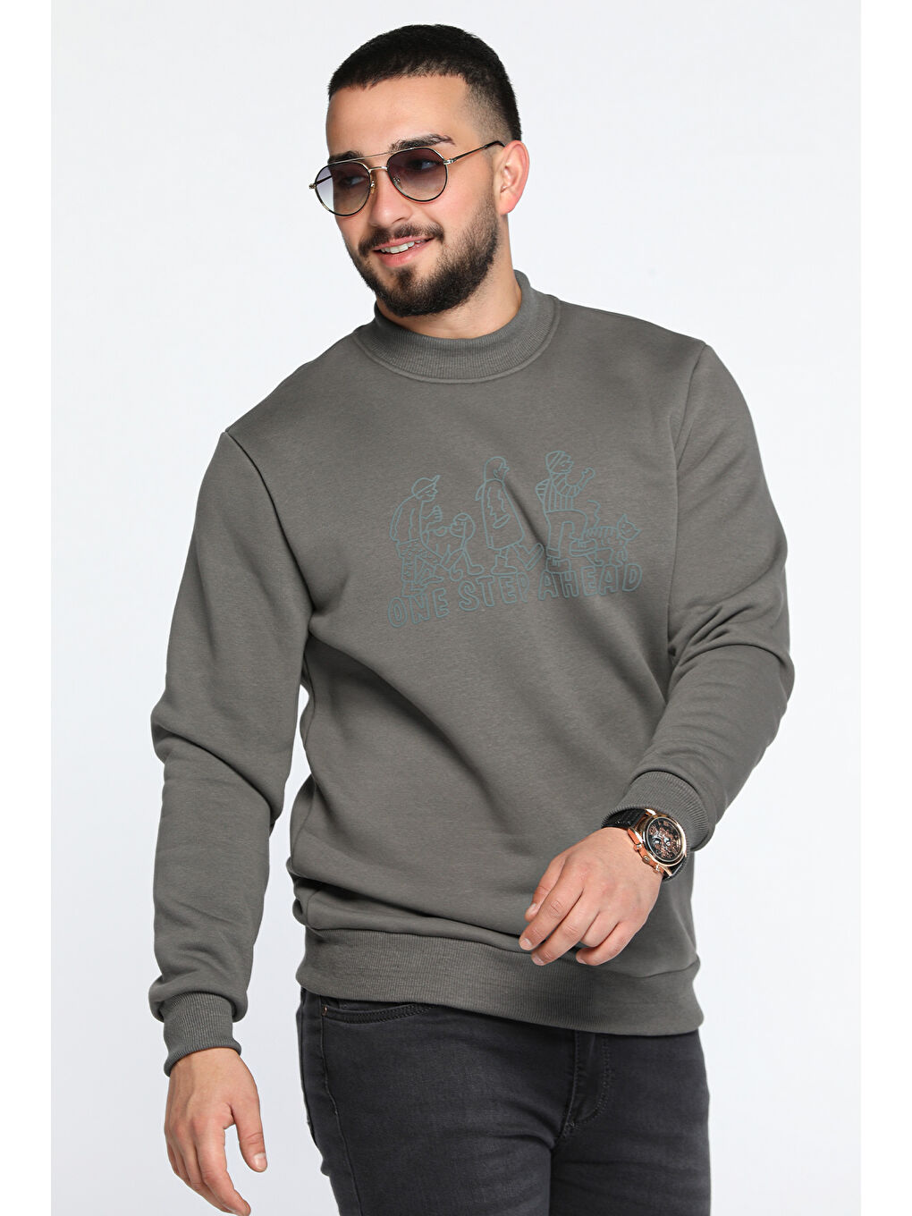 Mishar İtalia Gri Erkek Ön Baskılı Şardonlu Üç İplik Sweatshirt - 1