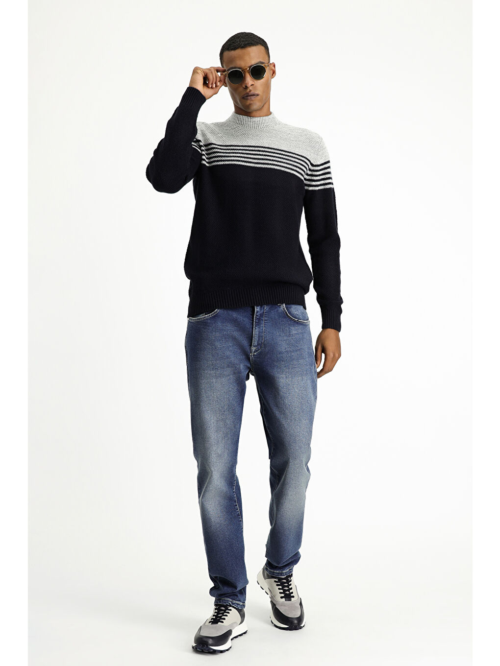 Lacivert Bato Yaka Regular Fit Dikişsiz Desenli Triko Kazak-1