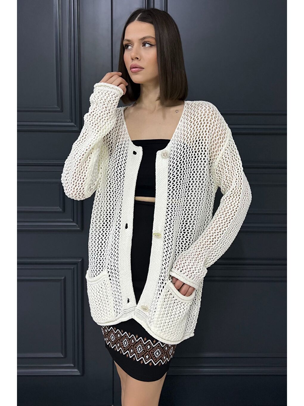 Ekru Düğme Detaylı Ajurlu Kadın Triko Hırka