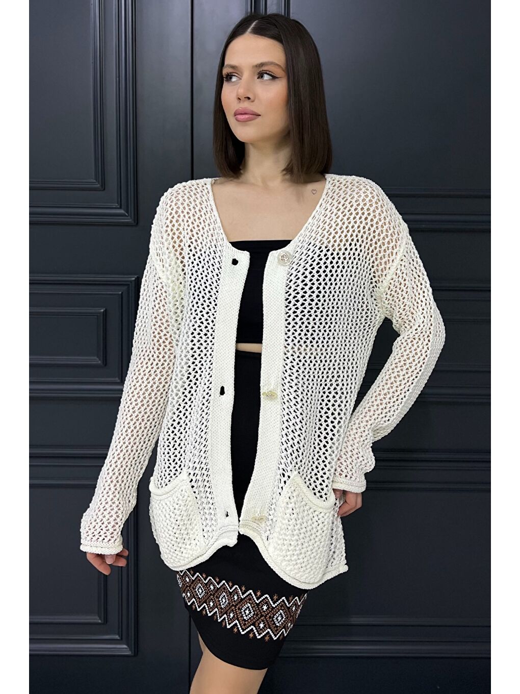 Ekru Düğme Detaylı Ajurlu Kadın Triko Hırka-1