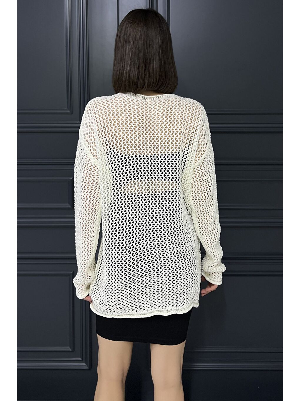 Ekru Düğme Detaylı Ajurlu Kadın Triko Hırka-2