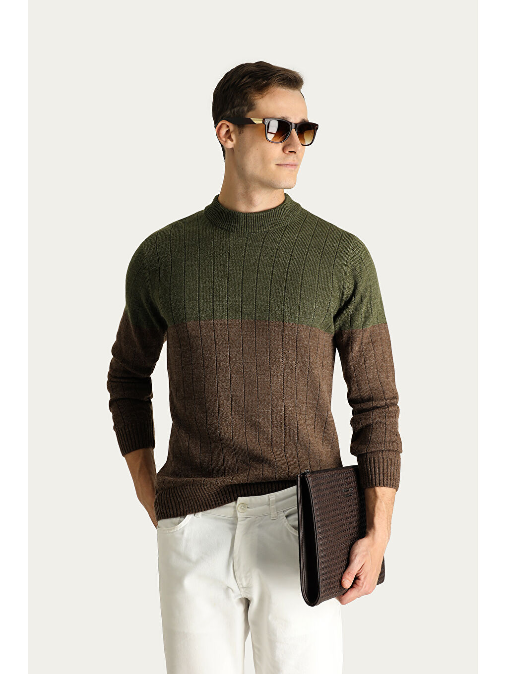 Haki Bisiklet Yaka Slim Fit Dar Kesim Desenli Triko Büyük Beden Kazak-1