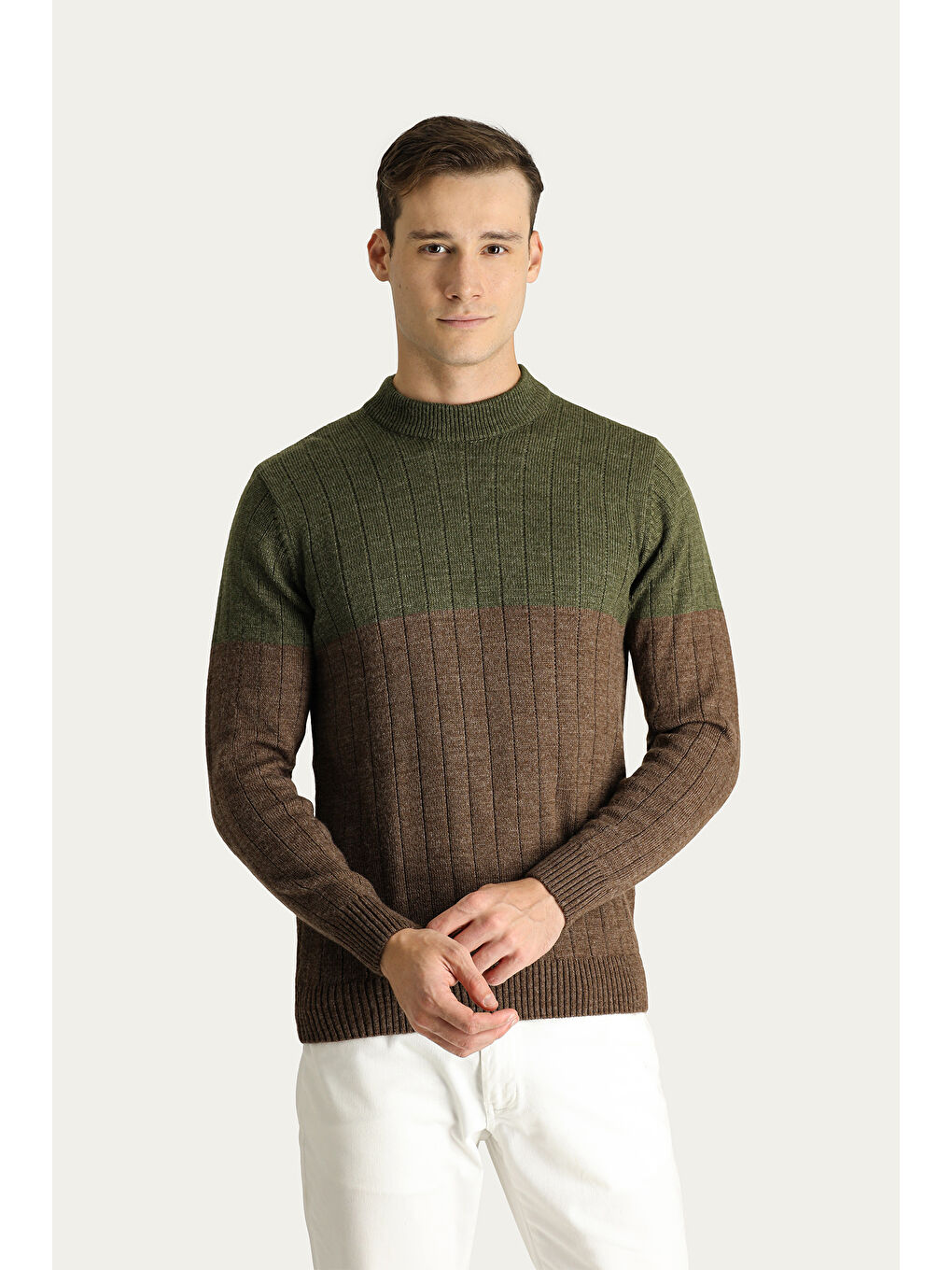 Haki Bisiklet Yaka Slim Fit Dar Kesim Desenli Triko Büyük Beden Kazak-2