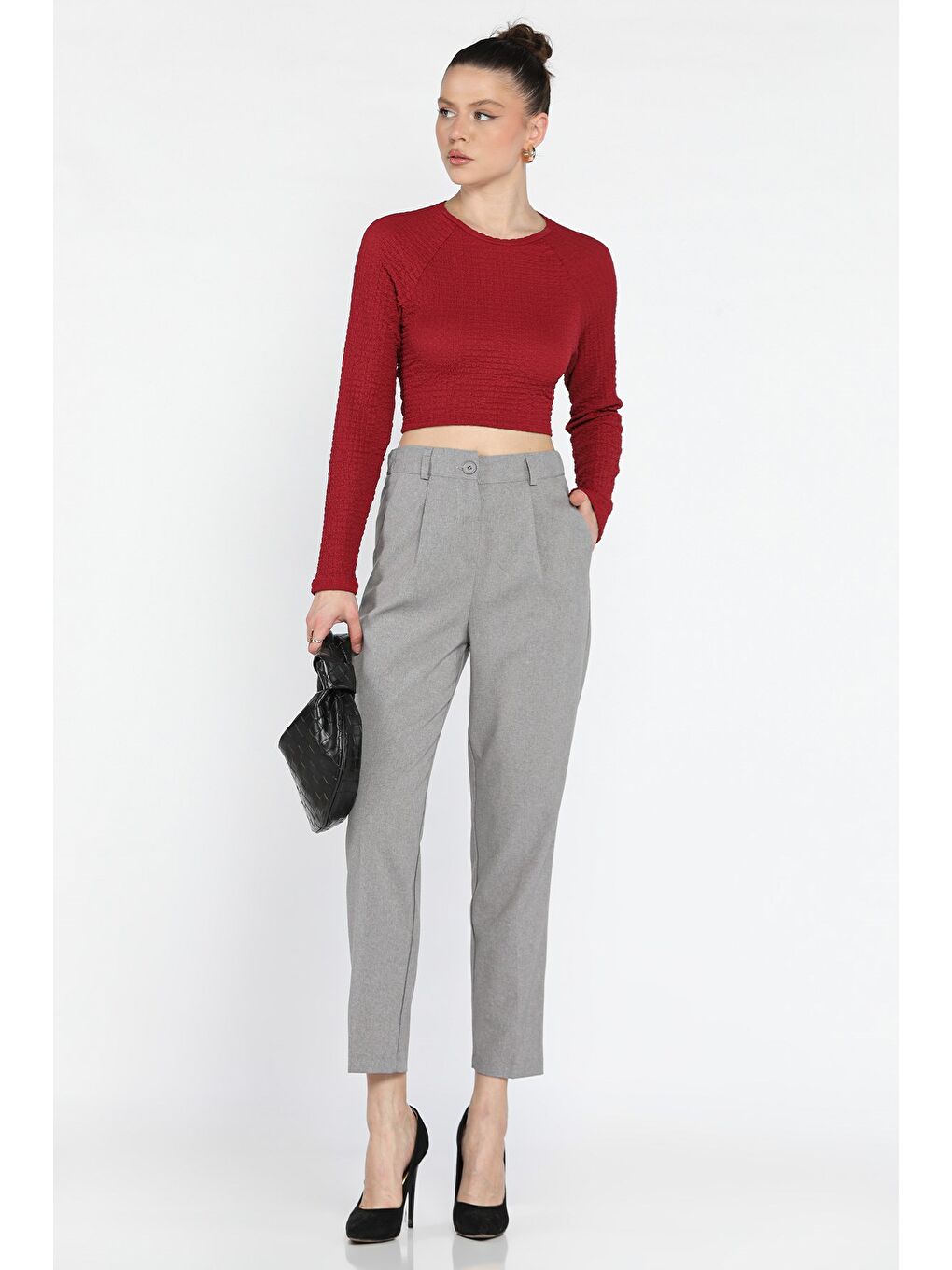 Gri Kadın Yüksek Bel Kumaş Pantolon