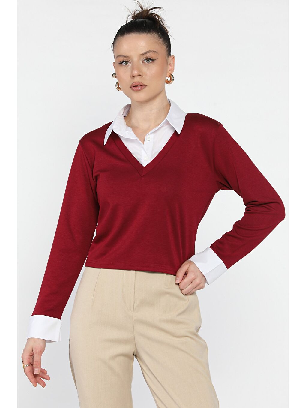 Bordo Kadın Gömlek Yaka Bluz-1