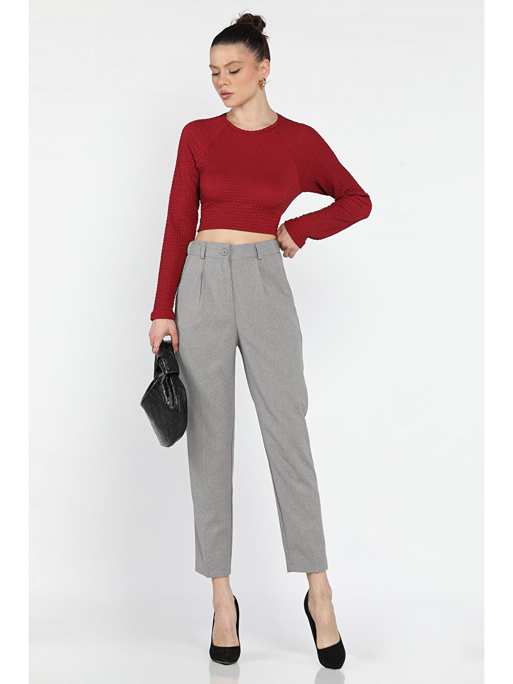 Gri Kadın Yüksek Bel Kumaş Pantolon-1