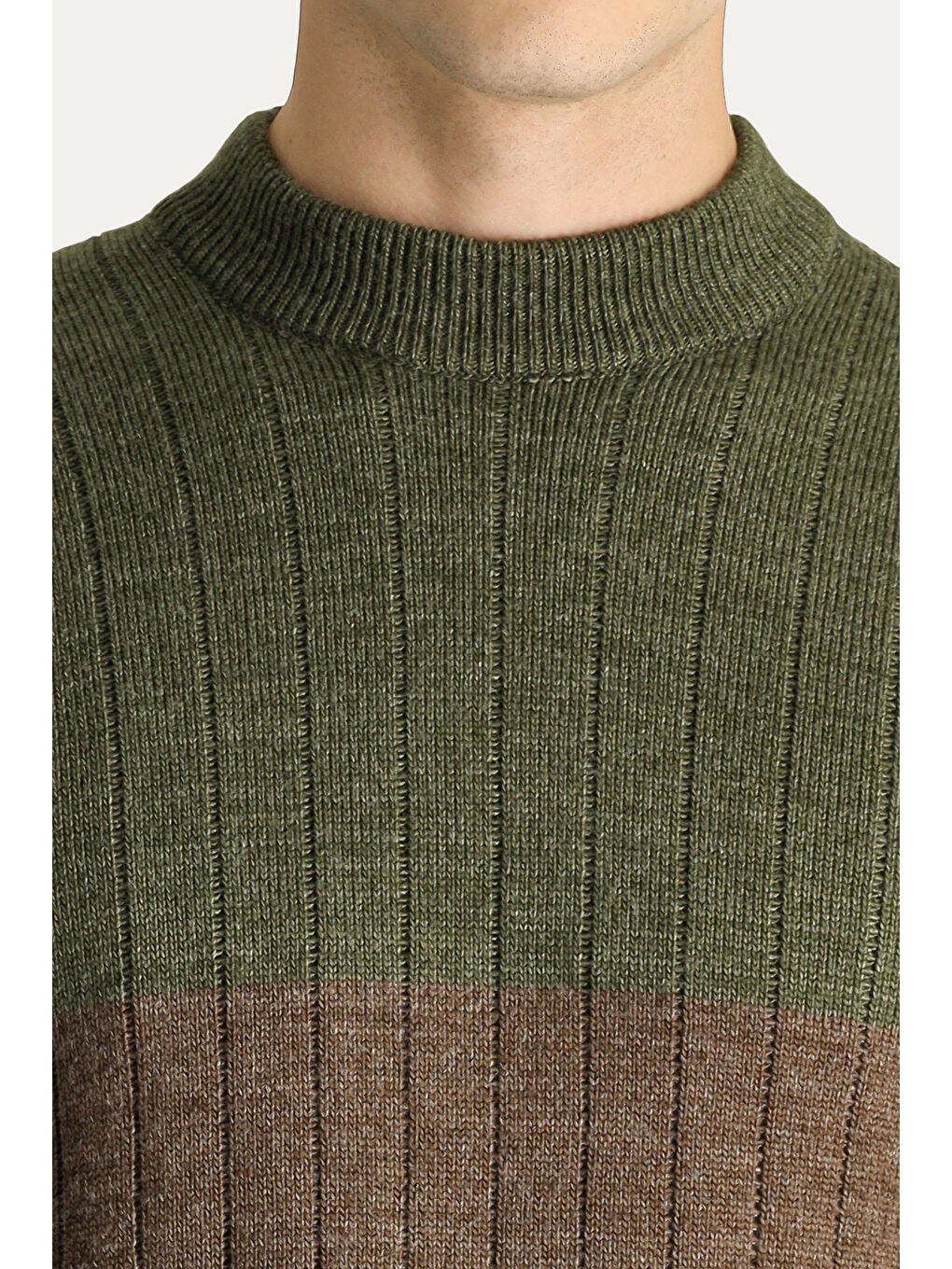 Haki Bisiklet Yaka Slim Fit Dar Kesim Desenli Triko Büyük Beden Kazak-4