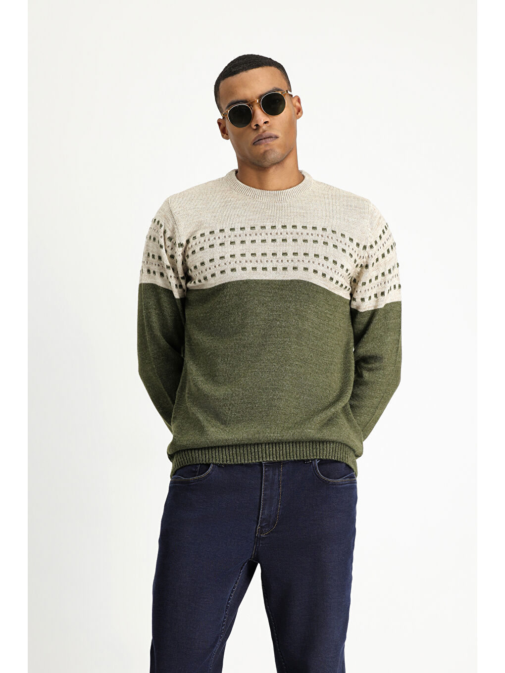 Haki Bisiklet Yaka Slim Fit Dar Kesim Desenli Triko Kazak