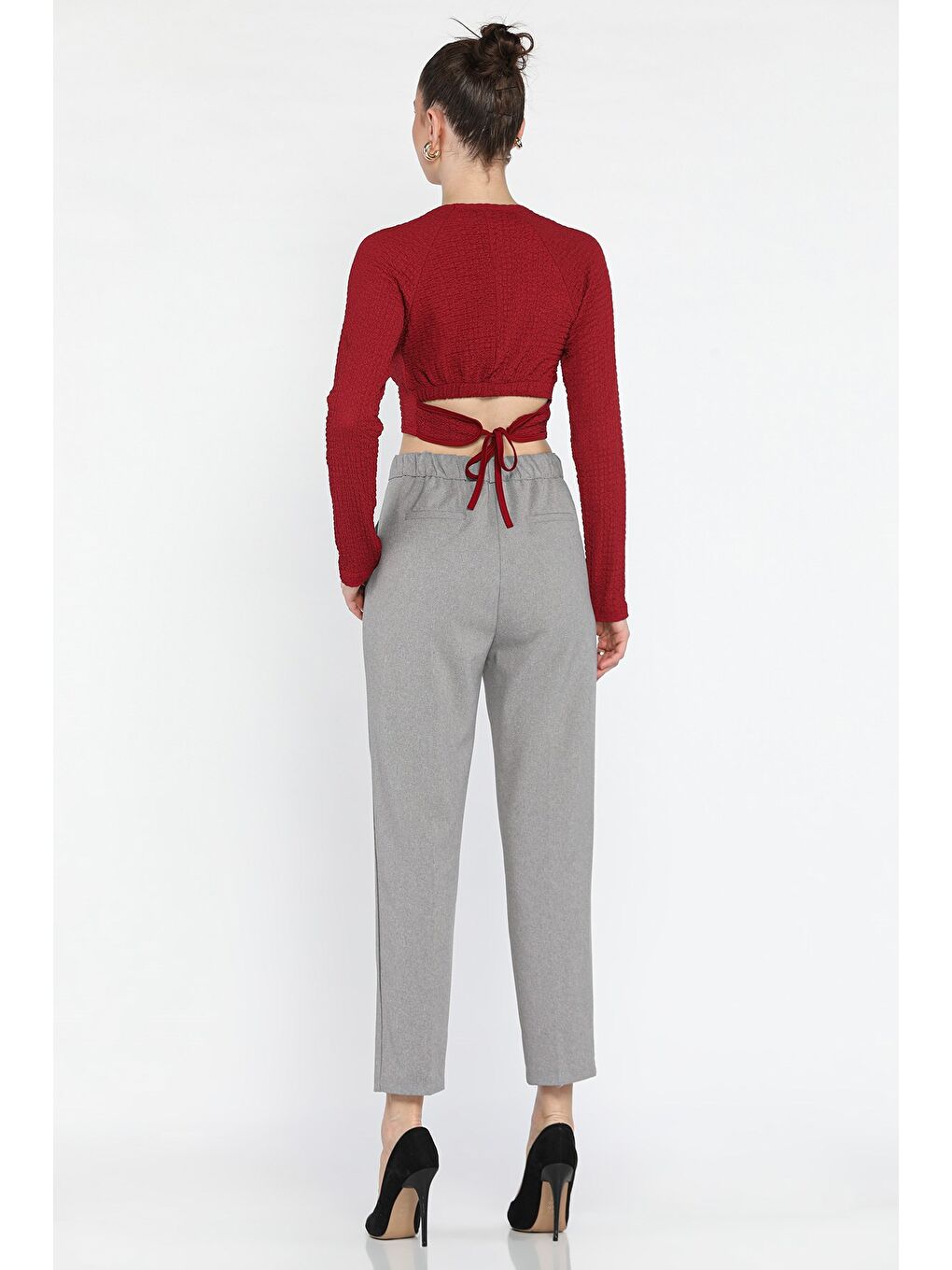 Gri Kadın Yüksek Bel Kumaş Pantolon-2