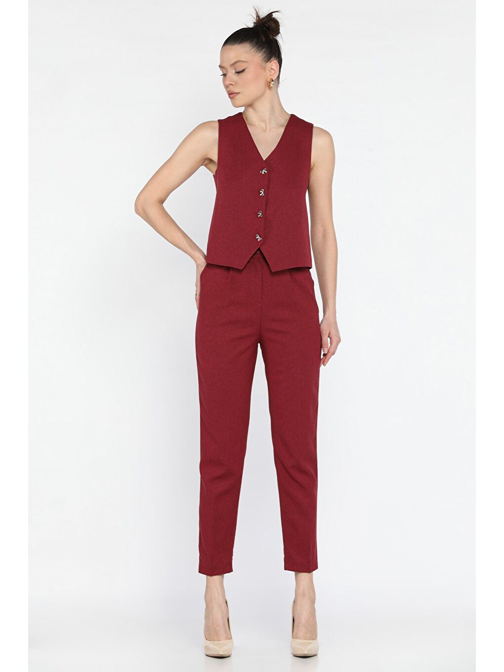 Bordo Kadın Düğme Detaylı Astarlı Yelek Pantolon İkili Takım