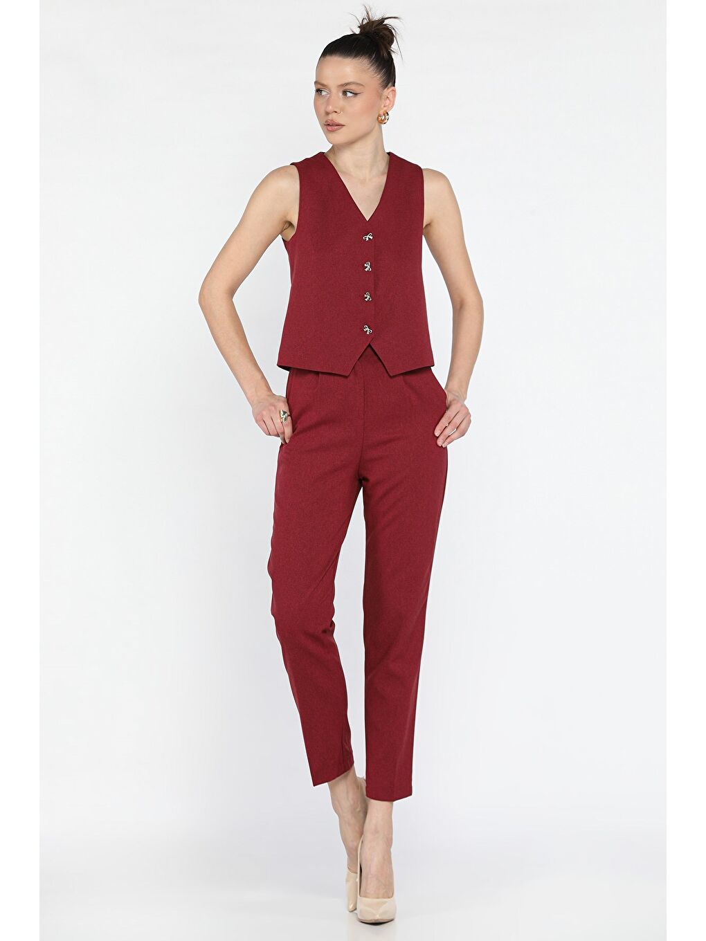 Bordo Kadın Düğme Detaylı Astarlı Yelek Pantolon İkili Takım-1