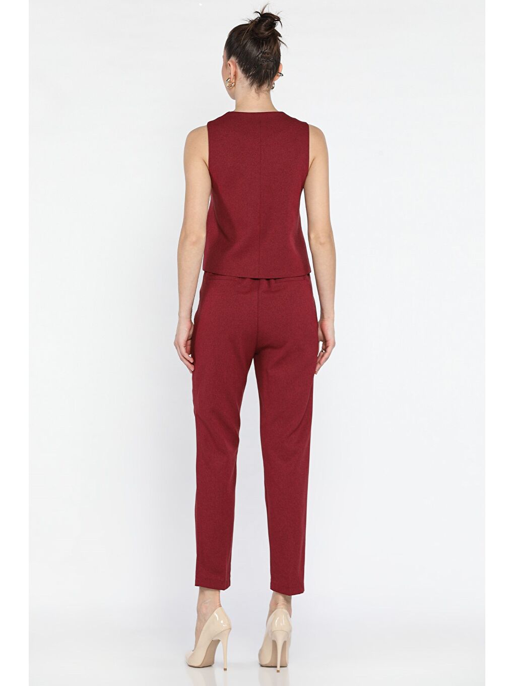 Bordo Kadın Düğme Detaylı Astarlı Yelek Pantolon İkili Takım-2