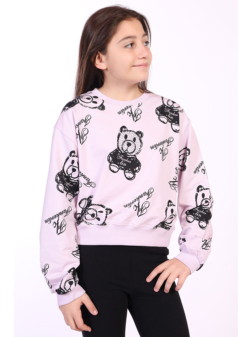 Lila Kız Çocuk Ayıcık Baskılı Sweatshirt-1
