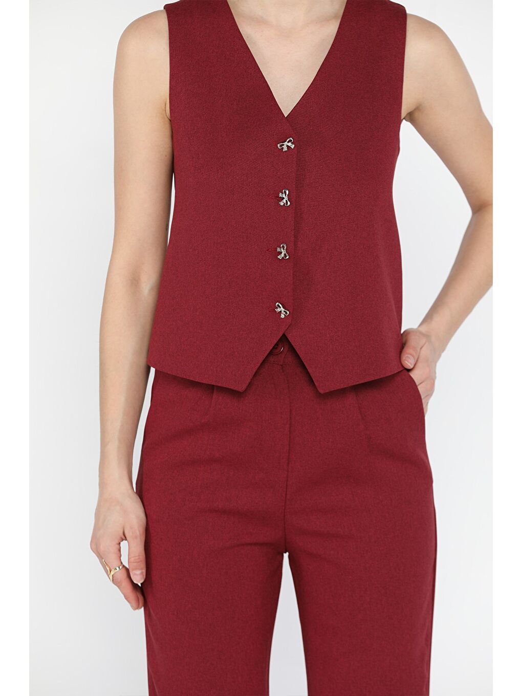 Bordo Kadın Düğme Detaylı Astarlı Yelek Pantolon İkili Takım-3