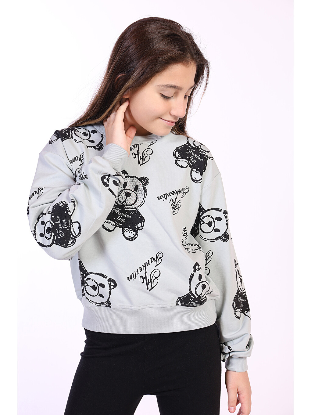 Gri Kız Çocuk Ayıcık Baskılı Sweatshirt