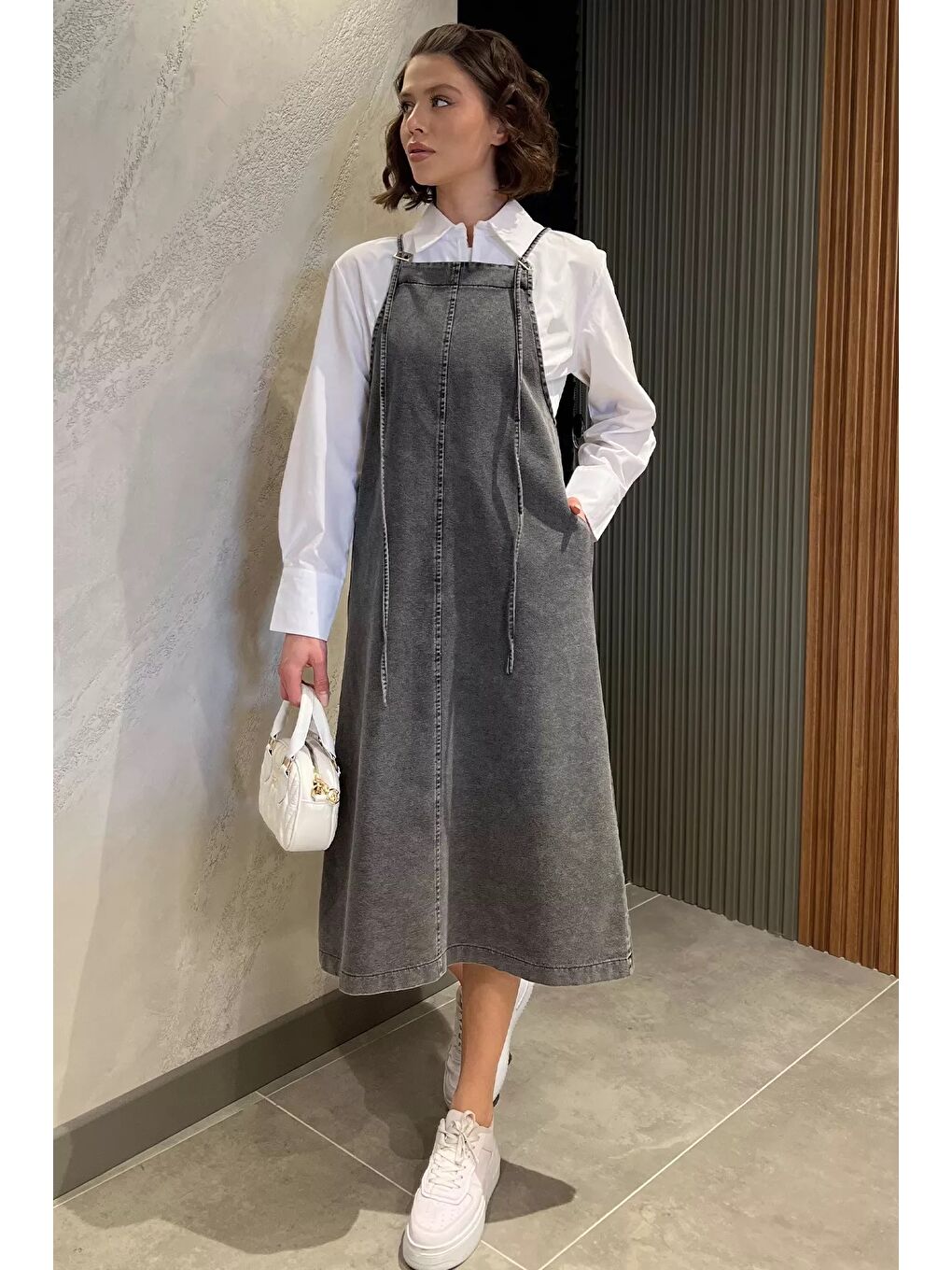 Antrasit Kadın Ayarlanabilir Askılı Cepli Jean Salopet Elbise-1
