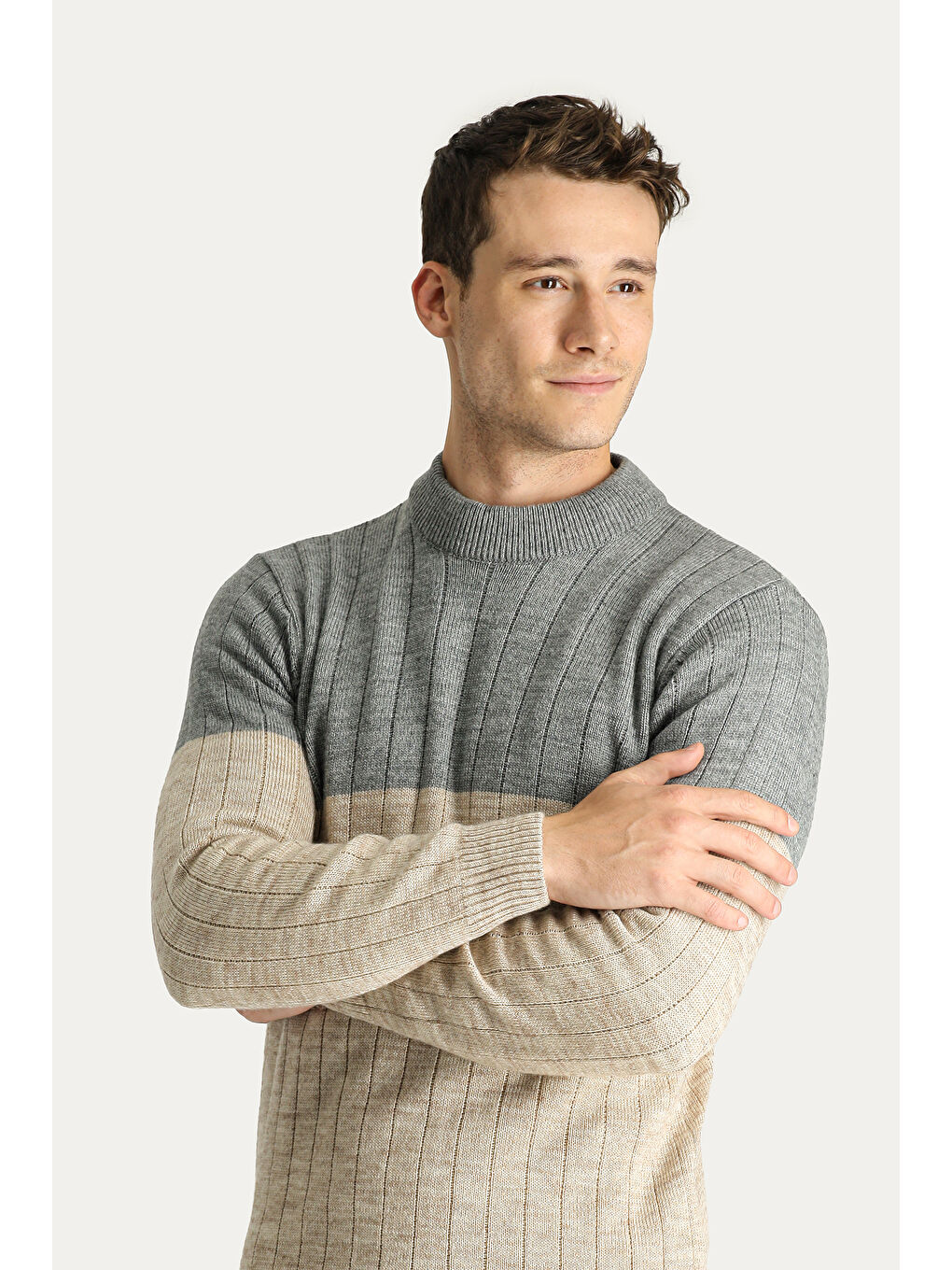 Antrasit Bisiklet Yaka Slim Fit Dar Kesim Desenli Triko Büyük Beden Kazak