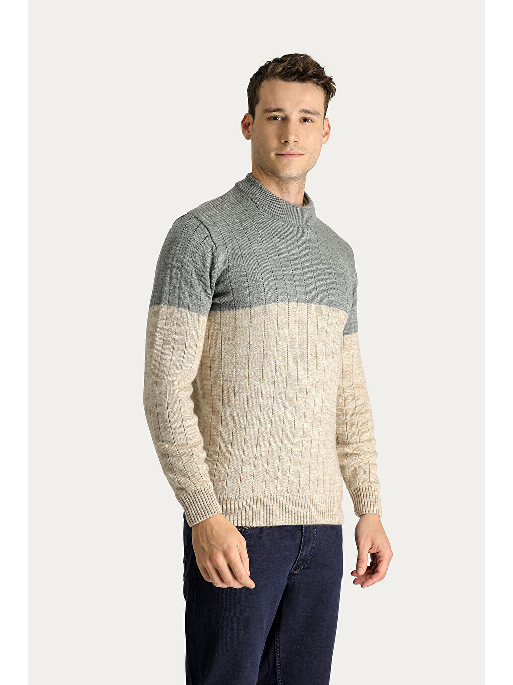 Antrasit Bisiklet Yaka Slim Fit Dar Kesim Desenli Triko Büyük Beden Kazak-1