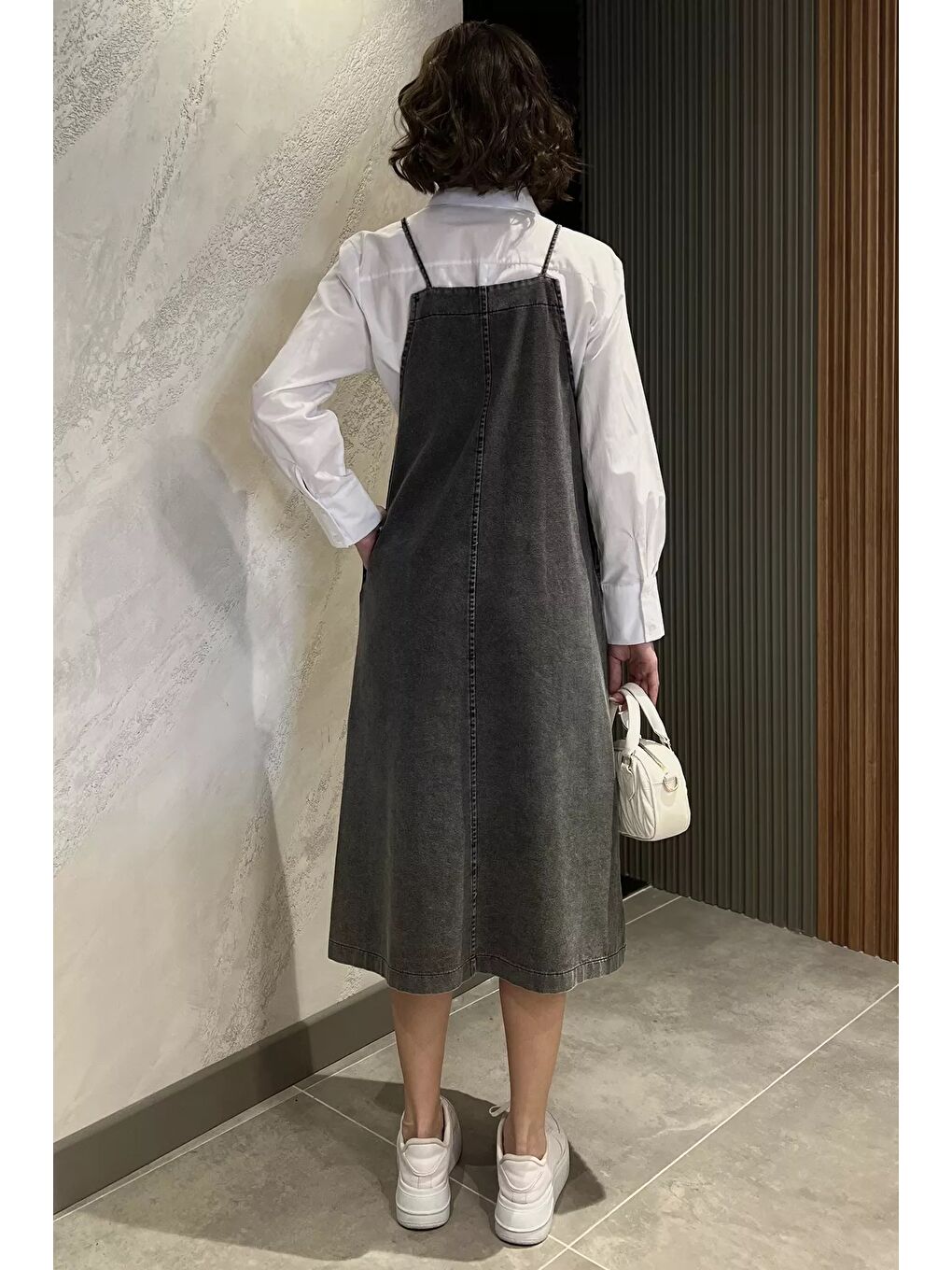 Antrasit Kadın Ayarlanabilir Askılı Cepli Jean Salopet Elbise-2