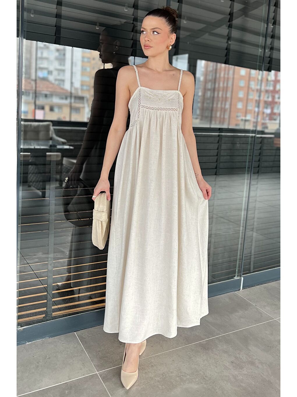 Bej Kadın İp Askılı Elbise-1