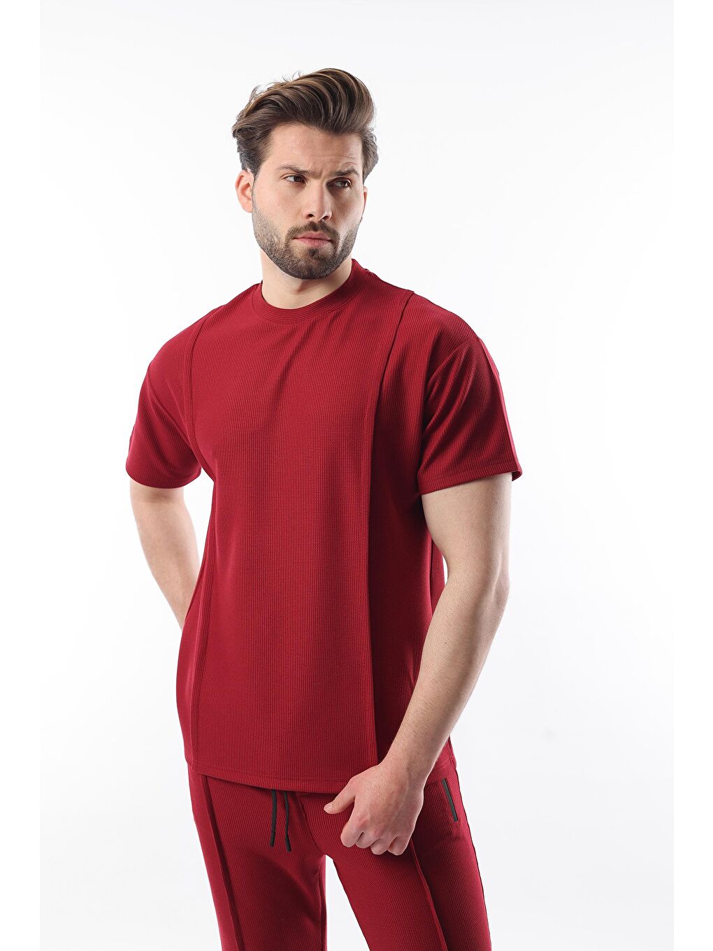 Bordo Önü Pileli Overfit Erkek Takım E7304-3