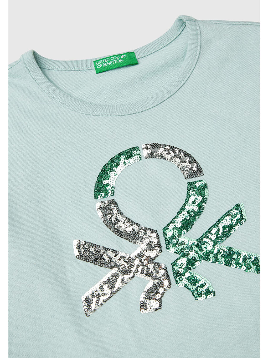 United Colors Of Benetton Turkuaz Kız Çocuk Su Yeşili Önü Pullu Logo İşlemeli Bisiklet Yaka Uzun Kollu T-Shirt - 2