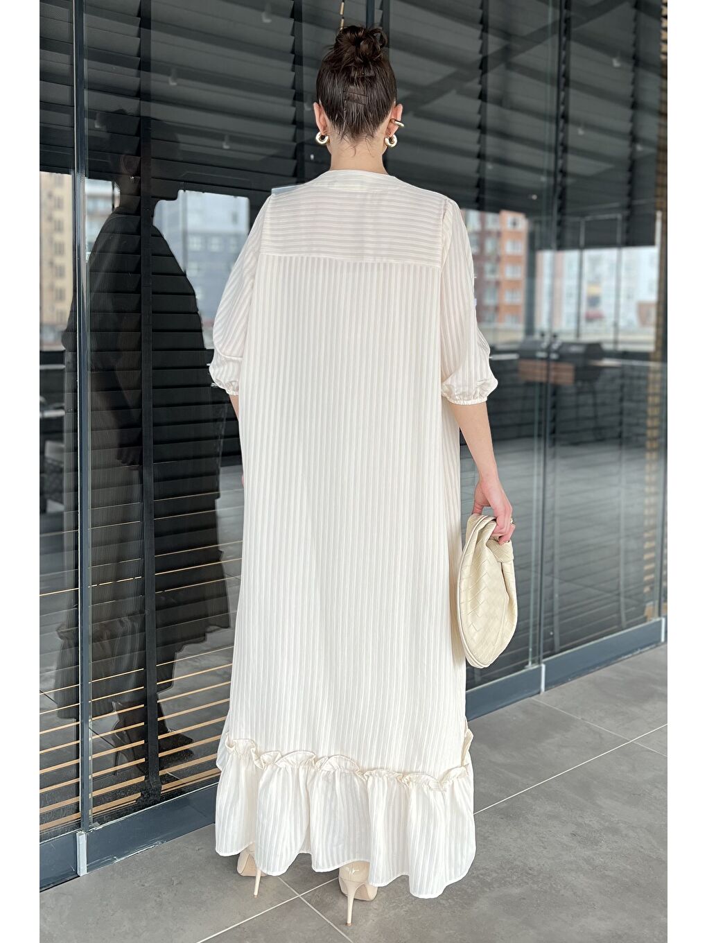 Bej Kadın İçlik Kombinli Dökümlü Elbise-2