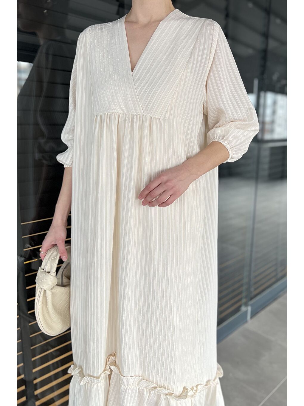 Bej Kadın İçlik Kombinli Dökümlü Elbise-3