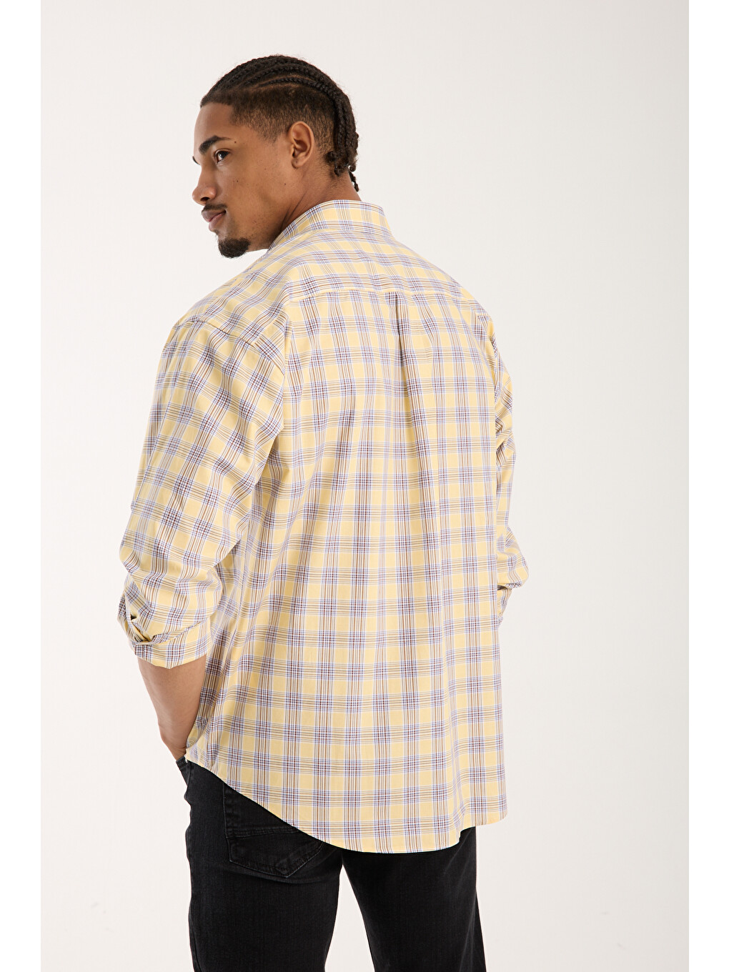 Rio Poplin Pamuklu Oversize Fit Sarı Klasik Yaka Erkek Ekoseli Gömlek-4