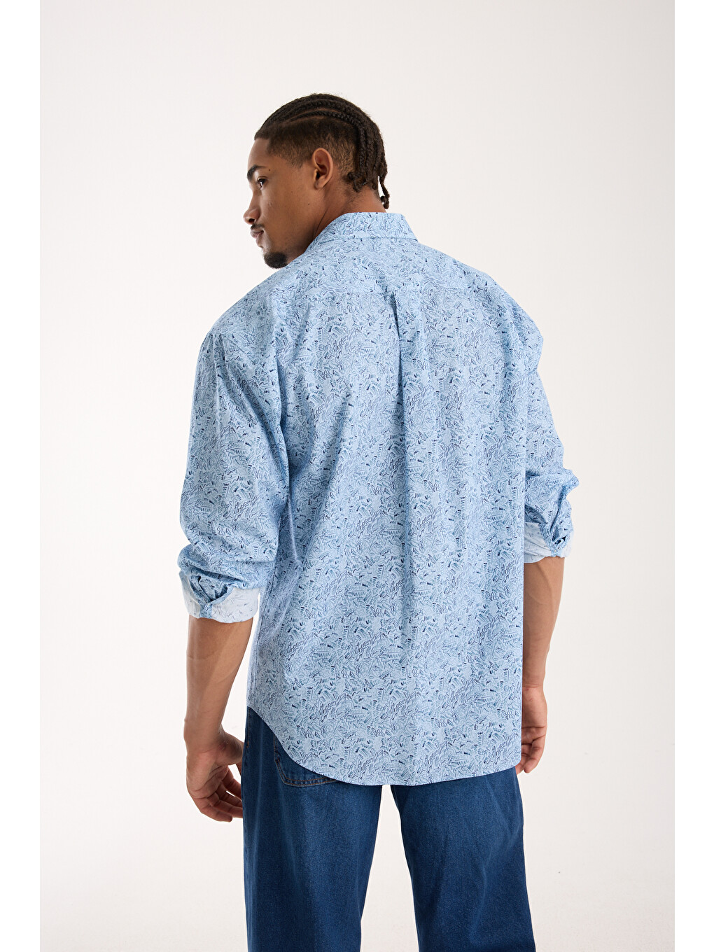Rio Poplin Pamuklu Oversize Fit Açık Mavi Klasik Yaka Erkek Baskılı Gömlek-4