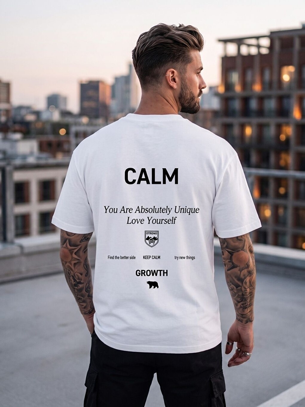 Erkek Beyaz Calm Growth Baskı Detay %100 Organik Pamuk Örme Oversize Tişört