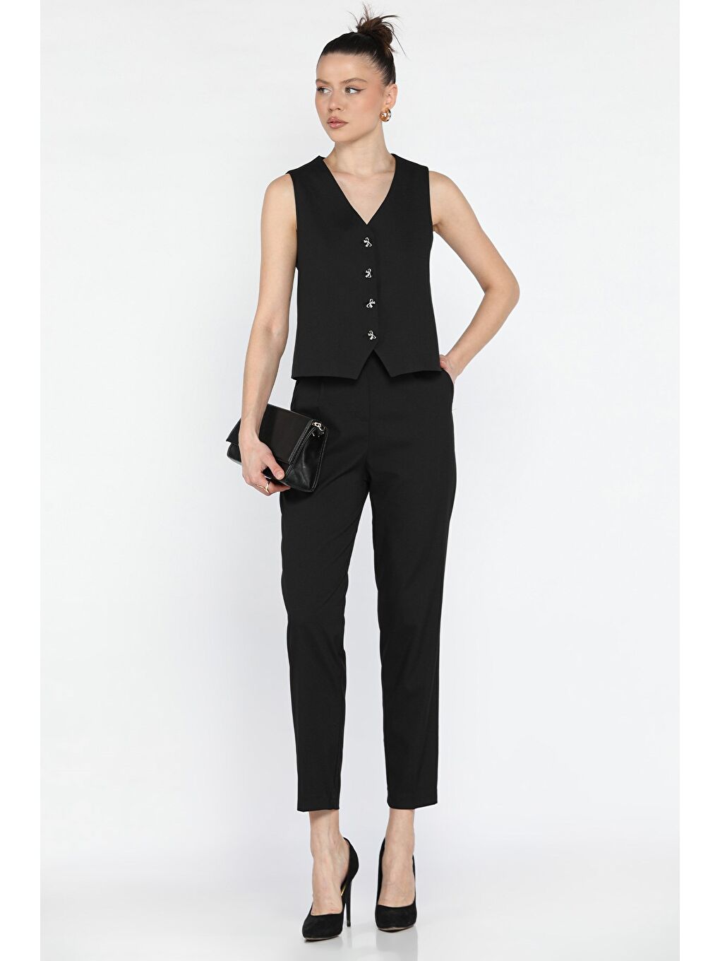 Siyah Kadın Düğme Detaylı Astarlı Yelek Pantolon İkili Takım