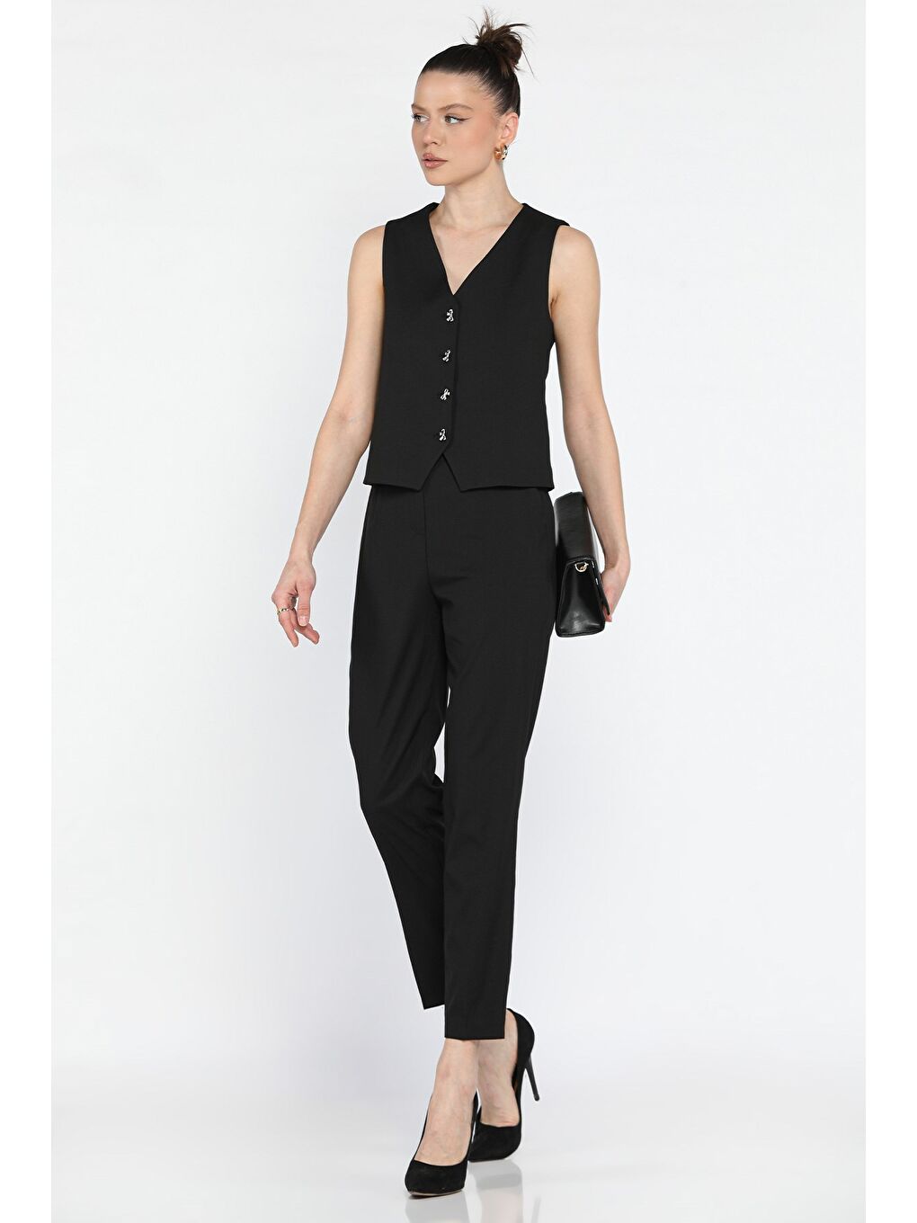 Siyah Kadın Düğme Detaylı Astarlı Yelek Pantolon İkili Takım-1