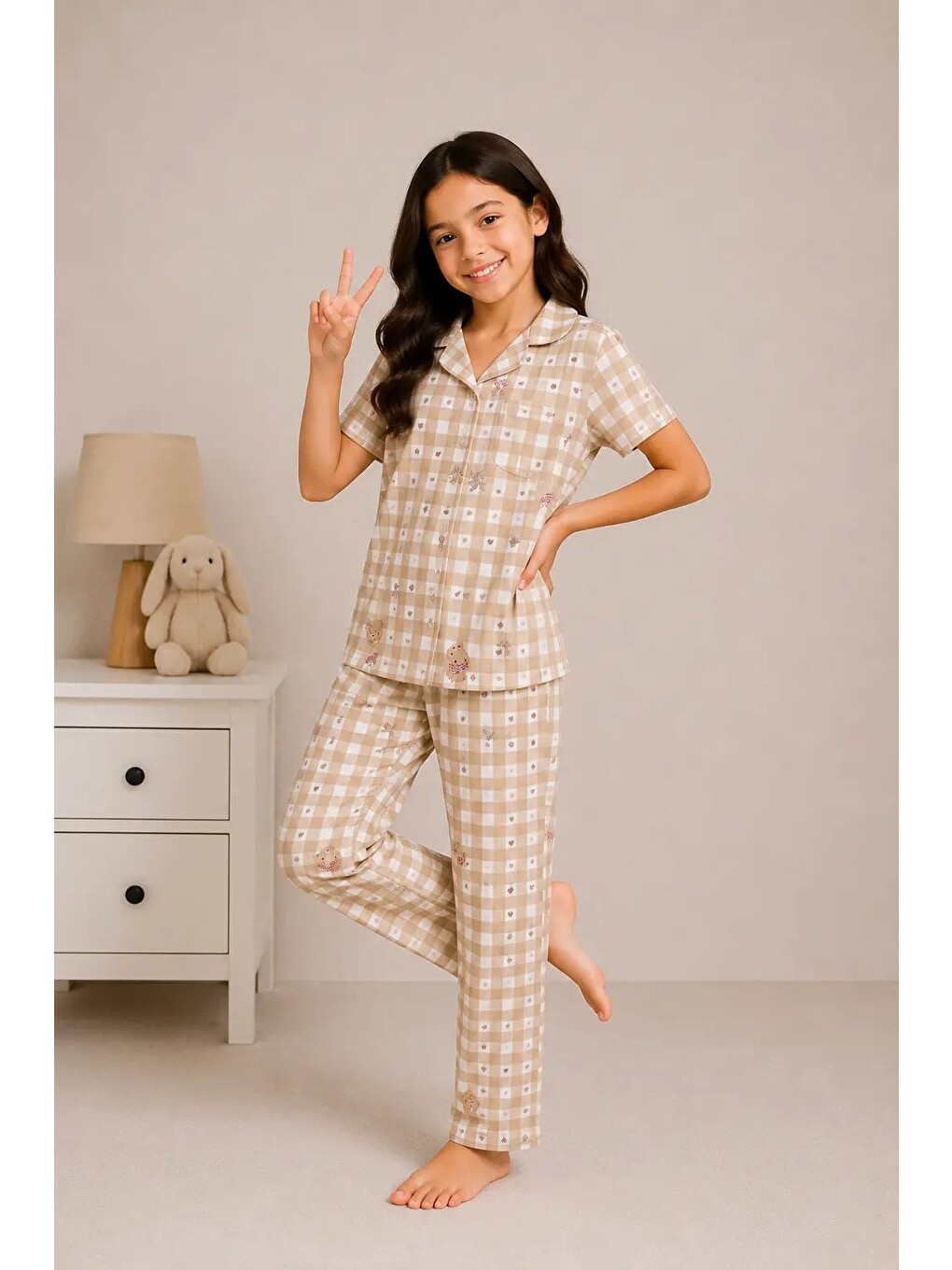 Kahverengi Desenli Kız Çocuk Pijama Takımı 9927-2