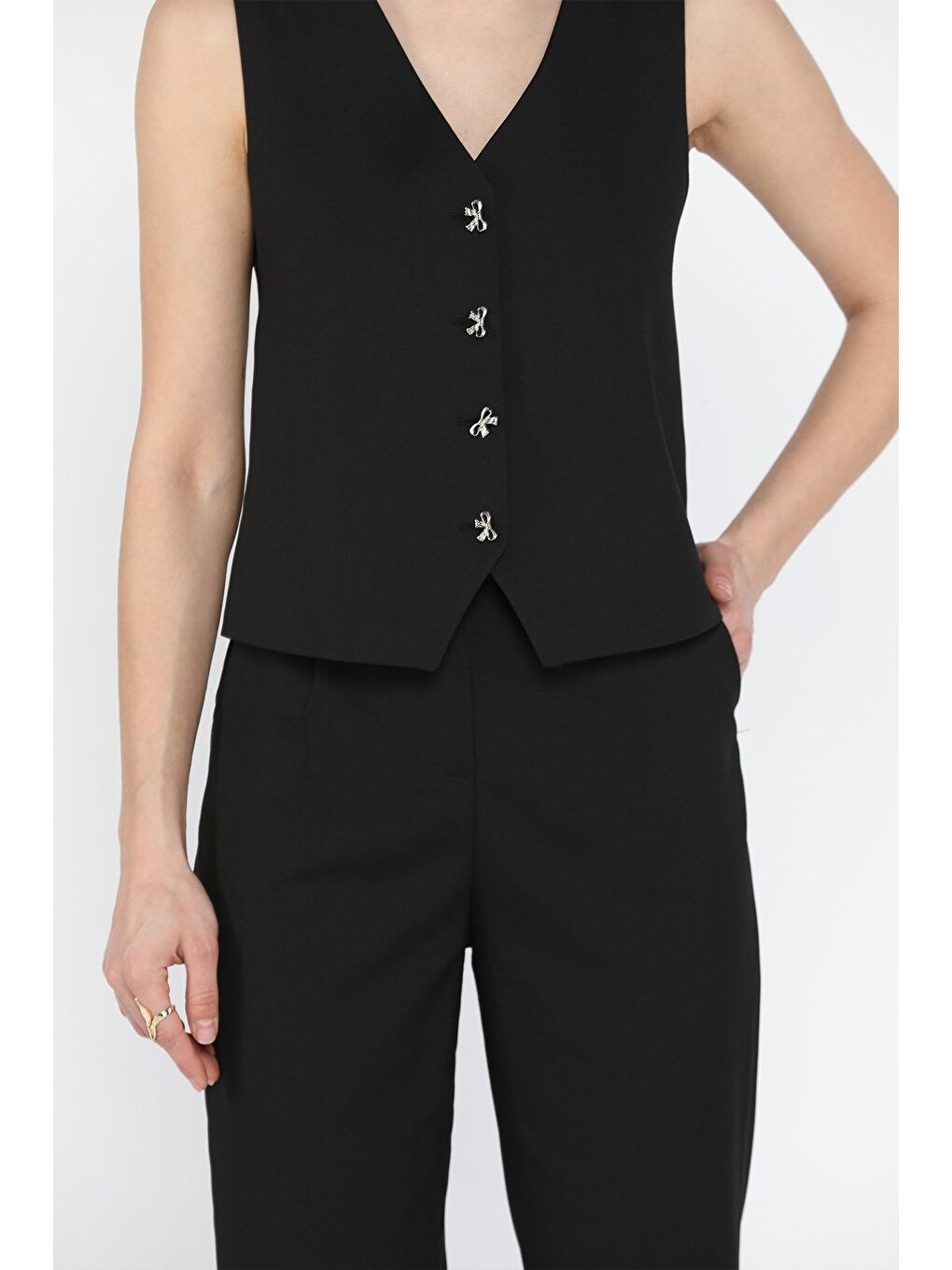 Siyah Kadın Düğme Detaylı Astarlı Yelek Pantolon İkili Takım-2