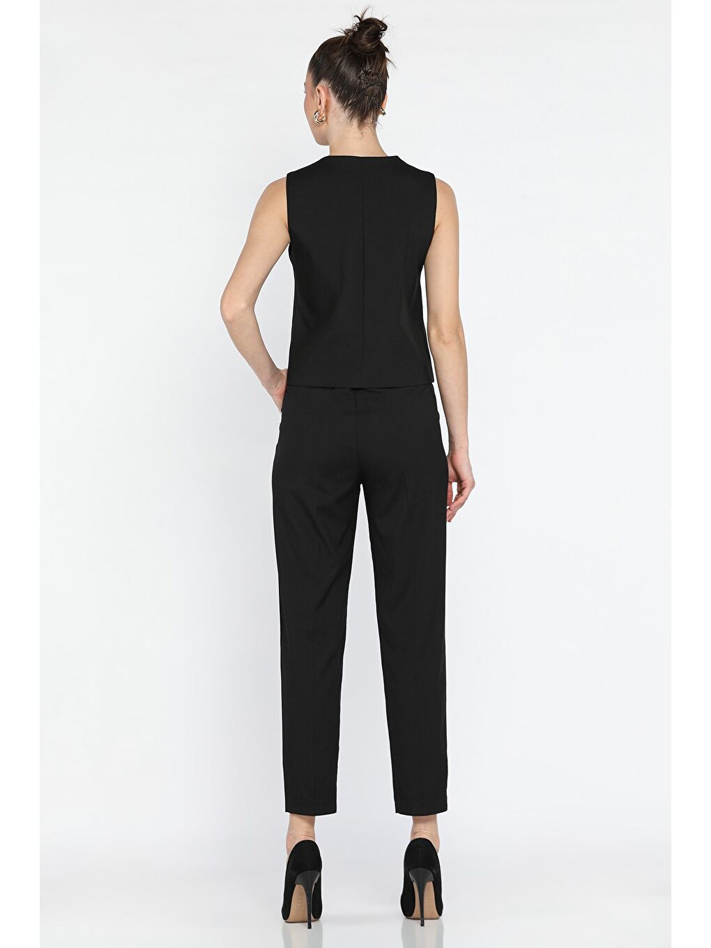 Siyah Kadın Düğme Detaylı Astarlı Yelek Pantolon İkili Takım-3