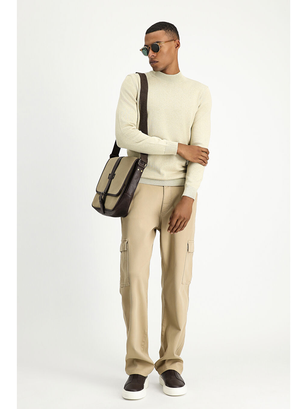 Bej Bato Yaka Regular Fit Pamuklu Triko Büyük Beden Kazak