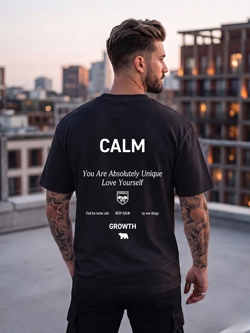 Erkek Siyah Calm Growth Baskı Detay %100 Organik Pamuk Örme Oversize Tişört