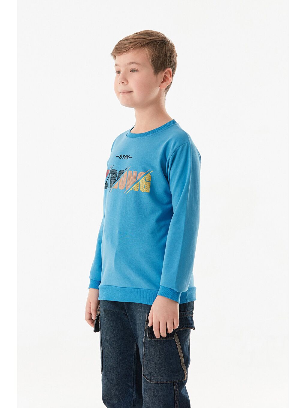 Mavi Strong Baskılı Bisiklet Yaka Erkek Çocuk Sweatshirt-1