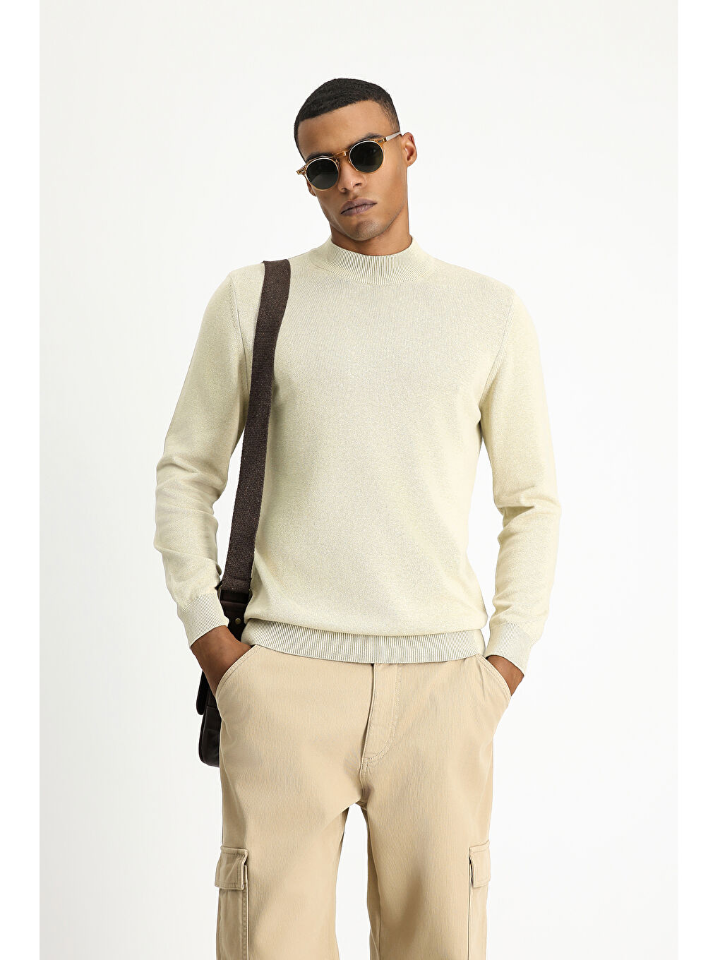 Bej Bato Yaka Regular Fit Pamuklu Triko Büyük Beden Kazak-1